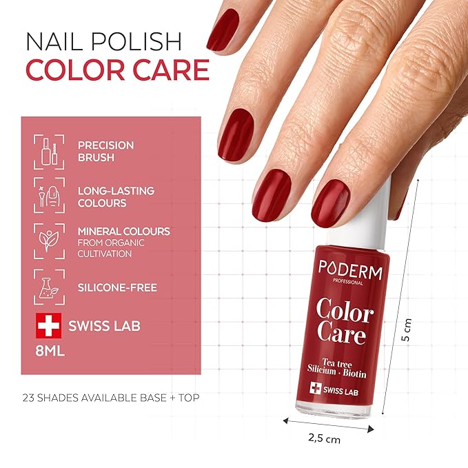 PODERM Nail Polish – Enriched with Tea Tree & Biotin – Improves Nail Appearance – Vegan Formula – For Hands & Feet – Swiss Made (Red Allure)