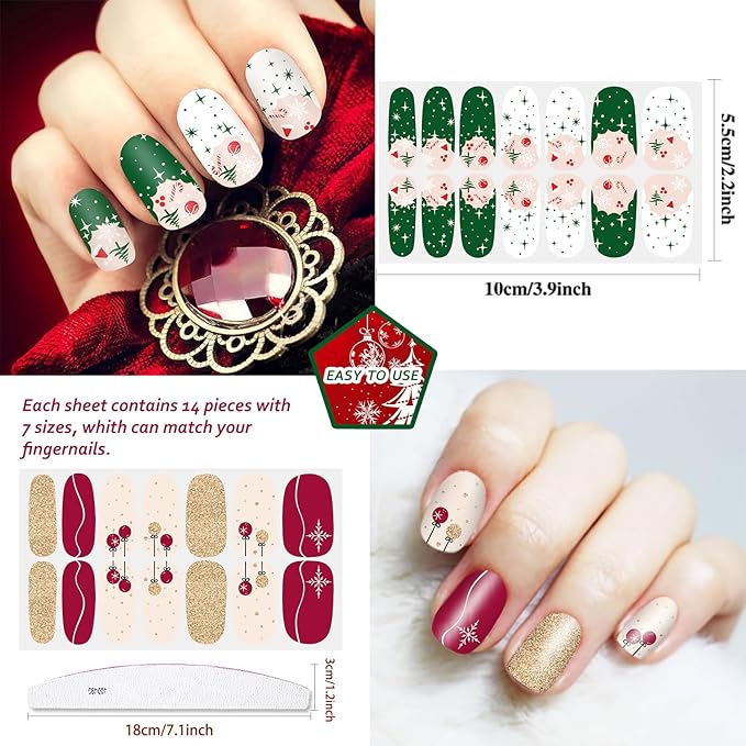 JERCLITY 224 Pieces 16 Sheets Christmas Nail Polish Strips Christmas Nail Wraps for Short Nails Christmas Tree Snowflake Snowman Gel Nail Strips Self-Adhesive Nail Stickers Full Nail Wraps for Women