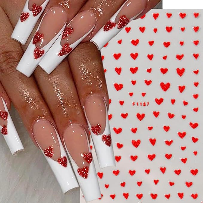 6 Sheets Valentines Nail Stickers 3D Self-Adhesive Mini Heart Nail Art Stickers Set Glitter Pink Red Heart Nails Design Decal Romantic Valentine Stickers for Nails DIY Women Manicure Decoration