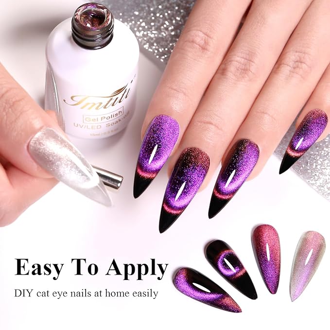 Imtiti 9D Cat Eye Gel Nail Polish, 15ML Purple Chameleon Holographic Glitter Cat Eye Gel Polish with Magnet UV LED Magnetic Gel Nail Polish Sparkly Home DIY Manicure Nail Salon Kit