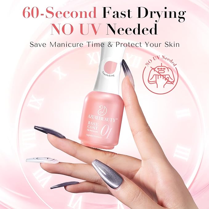 AZUREBEAUTY Dip Powder Liquid Set – Upgraded Care Formula, 4+4Pcs 15ml/0.5oz Base Coat, Activator, Top Coat & Brush Saver, Nail Strengthener with Keratin & Calcium, Low Odor DIY Home Salon