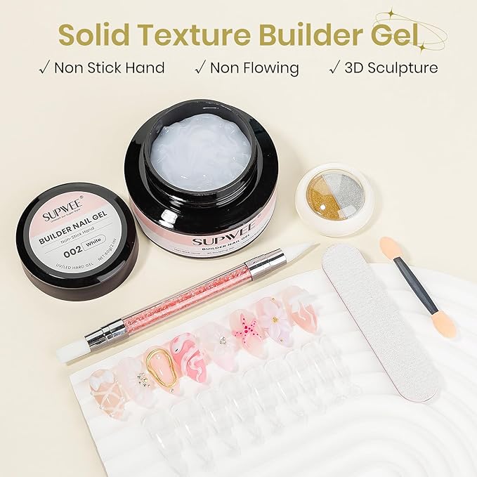 3D Gel Nail Art, 60g Large Capacity White Sculpting Hard Solid Builder Gel Non-Sticky Hand Molding Nails for Extension Carving Home DIY Manicure with Chrome Powder DIY at home