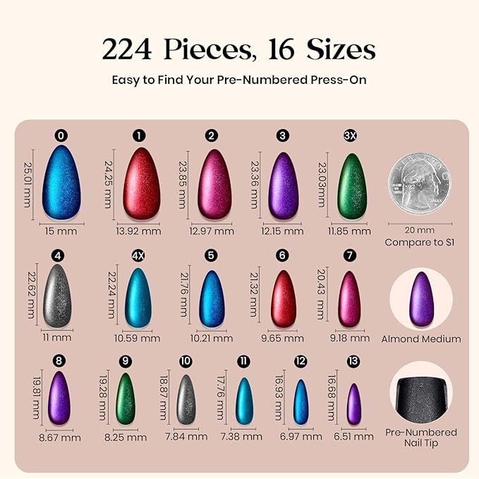 Beetles Cat Eye Press On Nails - Enchanted Aurora | 7 Colors Medium Almond Press On Nails | 16 Sizes 224 Pcs Natural Salon Quality For Red Blue Purple Nails St Patrick Day