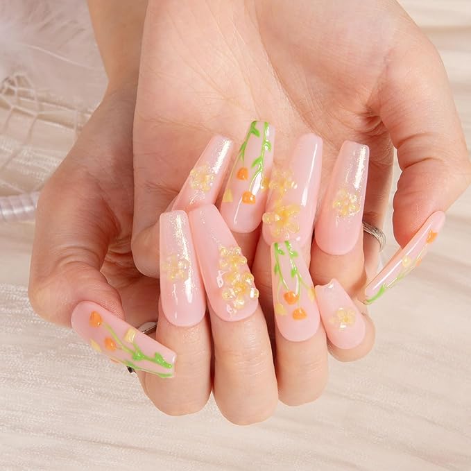 LOVFUL Press on Nails Flower Refresher | Handmade with Full Covered Crystals | Reusable Full Cover Nails | Coffin Classic Regular 1.3 in | H313-L