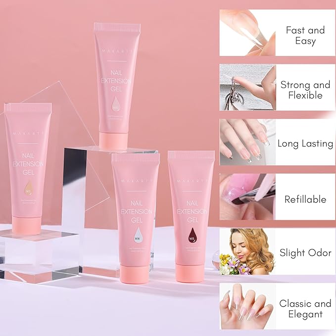Makartt Poly Nail Gel Set - 4 Fall ColorsStrong Builder for Extension Overlay Strengthener 3D Diy, Multifunctional, Long-lasting for Nails French Manicures Home Salon White Pink Nude Brown