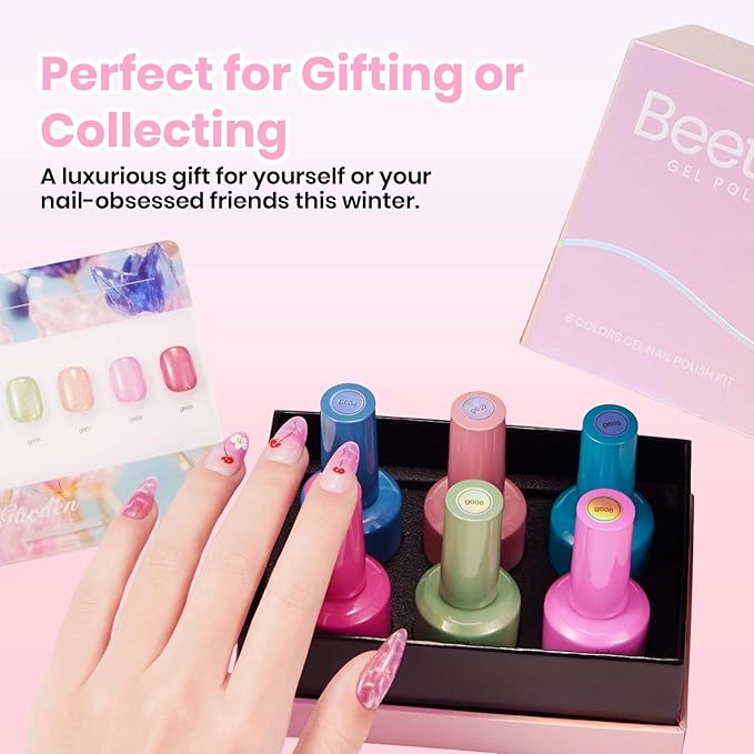 Beetles Crystal Garden Cat Eye Gel Nail Polish Set - 6 Colors 15ML Spring Gel Polish Kit Glitter Pink Blue Orange Green Magnetic Effect Soak Off UV Nail Art DIY Manicure Gift for Women