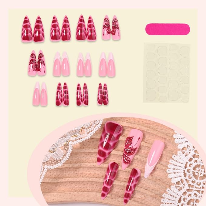 Long Press on Nails Almond Fake Nails Pink Artificial Nail Seeneey 3D Flowers Designs Tortoise Shell Stick on Nail for Women 24pcs