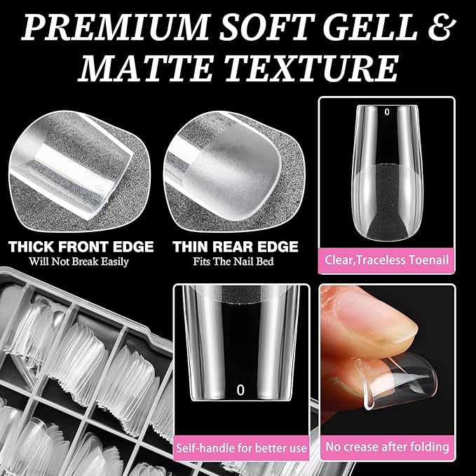 AddFavor Square Nail Tips Medium Fake Nails, 240pcs Soft Gel Nail Tips Square Clear Full Cover Gel Nails Press ons False Acrylic Nails Tips for Nail Extension, 12 Sizes Artificial Fingernails