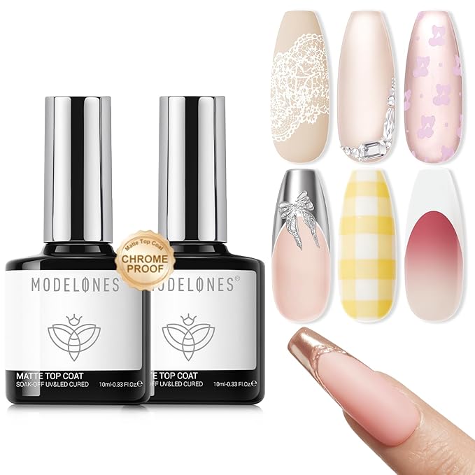 Modelones 2PCS Matte Gel Top Coat Chrome Proof, Powder-Resistant No Wipe Velvet Finish Clear Gel Polish For Nail Art Painting Chrome Isolation Long Lasting DIY U V Manicure Gift for Women