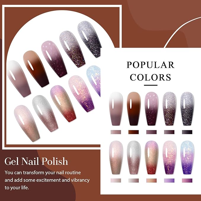 MEET ACROSS Color Changing Gel Nail Polish Set, 12 PCS Shimmer Glitter Mood Temperature Change Colors Kit, Black Brown Gray Purple UV Thermal Manicure Gel Gift