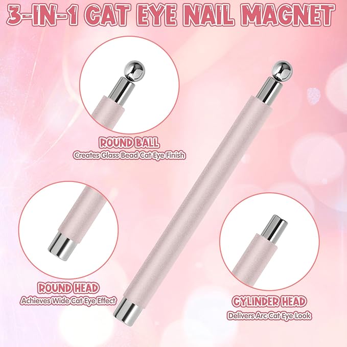3Pcs Cat Eye Magnet for Nails - 3-in-1 Nail Art Magnet Kit with Scissor & Cylinder Magnets to Create Glass Beads, Wide & Curved Cat Eye Gel Polish Designs, Great for Salon & DIY Manicure