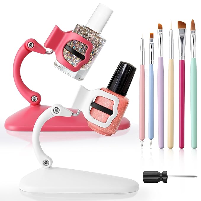 Enhon 2 Pack Nail Polish Holder Stand with 6 Nail Art Brushes, Tilted Fingernail Polish Bottle Holder, Adjustable Angle And Anti-Spill, Fingernail Art Accessories Tools Includes Cross Screwdriver