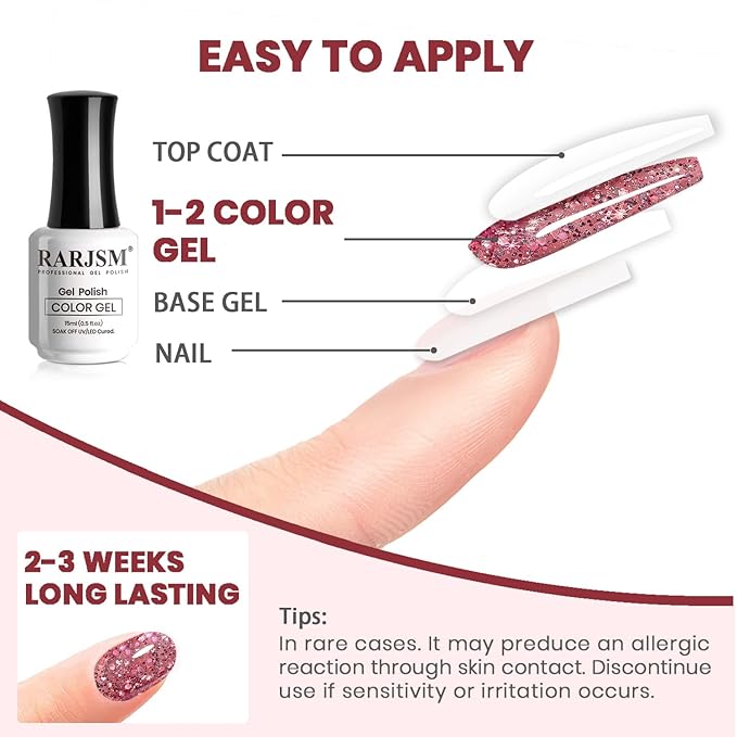 RARJSM Rose Glitter Gel Nail Polish Big Flakes Diamond Sparkly Chunky Rose Pink Shimmer Pigments Nail Gel Polish Soak off L e d U V Curing Required for Nail Art Salon Fall Winter Christmas Manicure