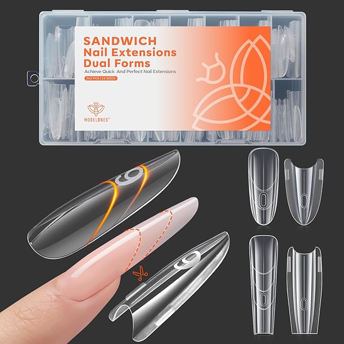 Modelones Poly Nail Gel Sandwich Nail Form Dual System, 240 Pcs Reusable Top & Bottom Oval Coffin Nail Forms with Guide Lines Side Locking Clips Stable Apex Control Builder Gel Structure Extensions