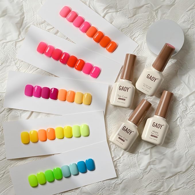 GAOY 23 Pcs Gel Nail Polish Kit, Bright Neon Rainbow Colors UV Gel Nail Polish Set with Glossy & Matte Top Coat and Base Coat for Nail Art DIY Kit