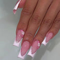 White French tips Press on Nails Medium Long Square Fake Nails 3D Flower Glue on Nails Glitter False Nails Pink Nails Glossy Reusable Spring Nails for Women Girls Manicure 24pcs