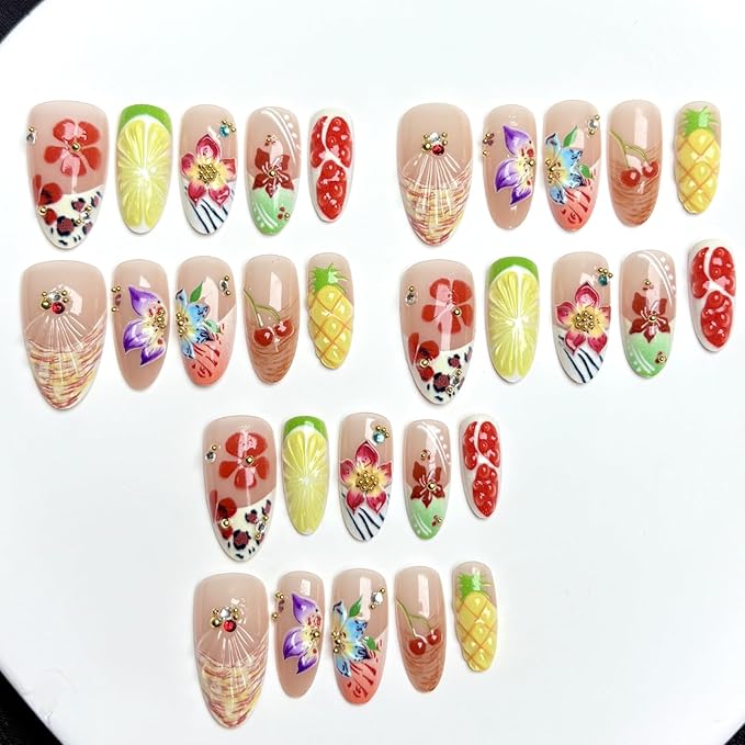30Pcs Handmade Press on Nails Medium Almond Fake Nails French Tip False Nails with 3D Gold Beads Unique Flower Fruit Designs Petal Glossy Glue on Nail Reusable Acrylic Nails for Women