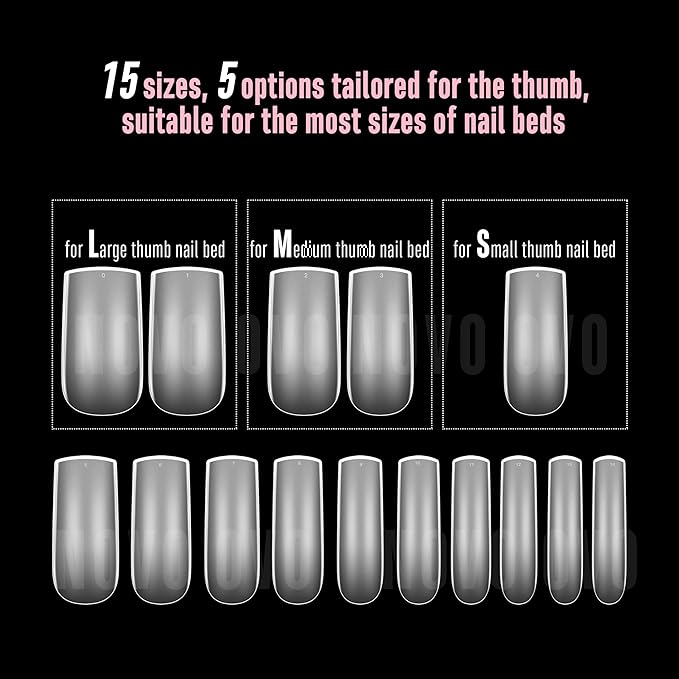 NOVO OVO Halloween Medium Slightly Curved Nail Tips Press on Full Cover, Thick Square Eagle Claw Hawk Curve Gel x Acrylic Fake Nails Extension kit, Clear Pre-etched French False Nail x 15 Sizes 240pcs