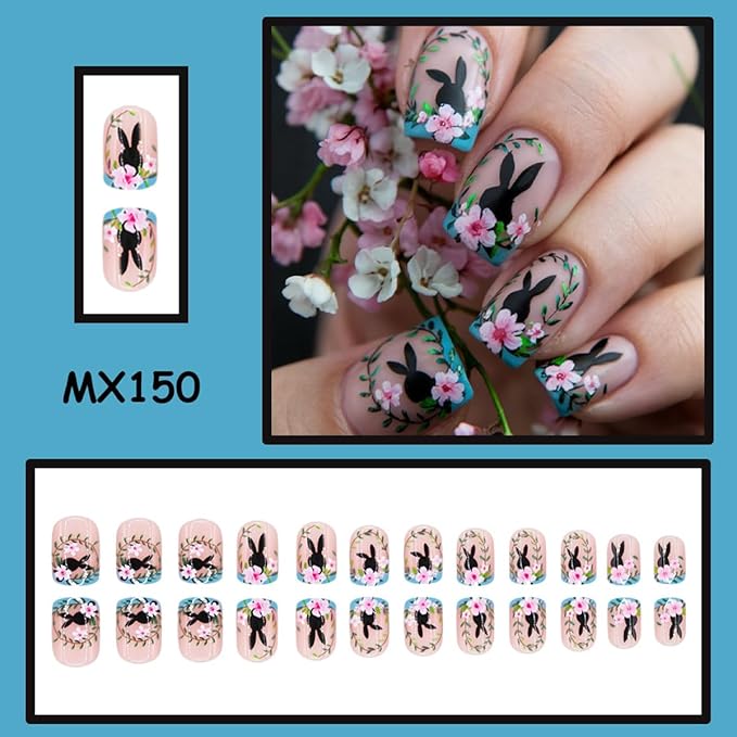 Easter Press on Nails - Short Square Fake Nails with Black Rabbit | Pink Flower Designs False Nails Press ons Reusable Full Cover Stick on Nails Easter Nails for Women Manicure 24Pcs