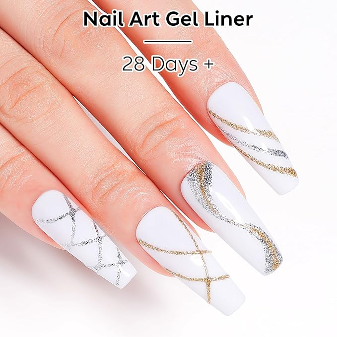 AIMEILI Nail Art Liner Gel Polish, Hema Free, Cruelty Free, Vegan, Silver Bronze Gold Nail Paint Build in Thin Brush for Swirl French Tips Manicure DIY