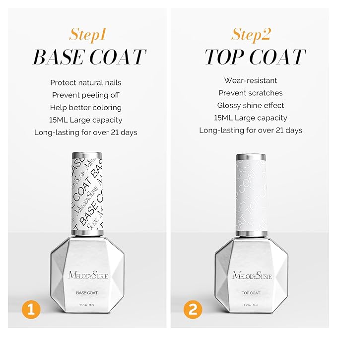 MelodySusie 2Pcs 15ml No Wipe Glossy Top Coat & Base Coat Set Long Lasting Shine Finish Soak Off UV LED Nail Lamp Nail Art Design Manicure Kit Perfect Gifts for Women Girls