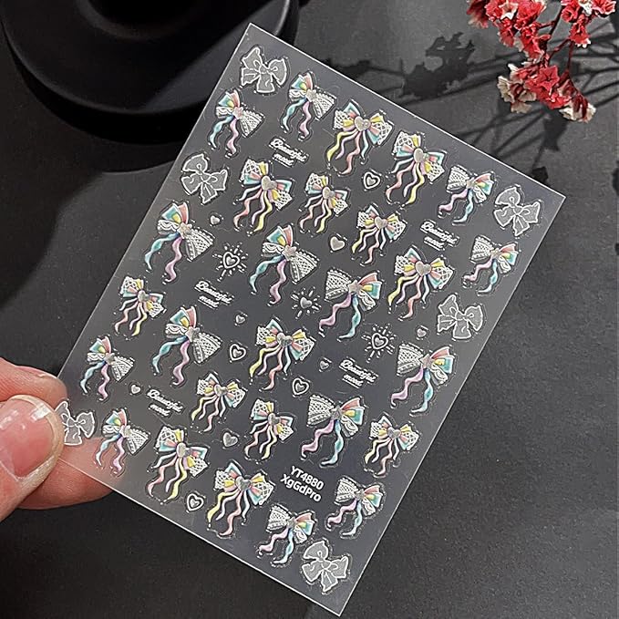 5D Bow Nail Stickers for Nail Art Colorful Lace Ribbon Bow Nail Decals Embossed Valentines Nail Art Stickers Self Adhesive Cute Star Heart Nail Decorations Supplies for Women Wedding Manicure 1Sheets