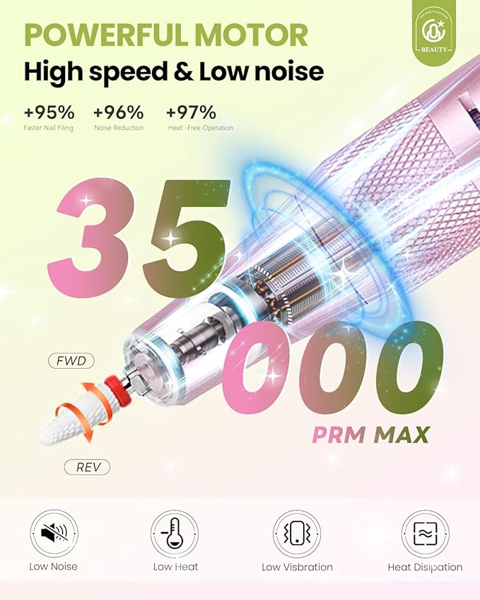 CozyZen Cordless Nail Drill Professional: 45000 RPM Rechargeable Electric Nail File Kit, Portable & Low Noise for Acrylic, Gel Nails, Manicure & Pedicure - Salon & Home Use (Green & Pink)
