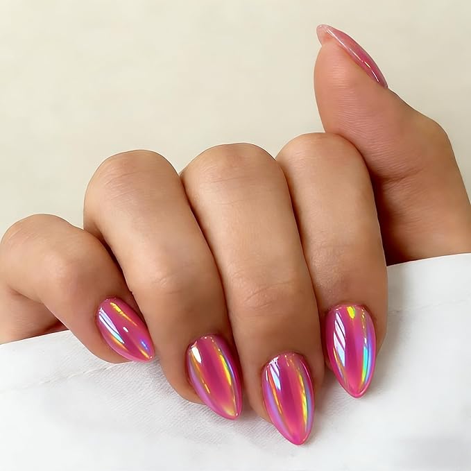 Chrome Hot Pink Press on Nails Short Almond, Glazed Cute Fake Nails with Sparkle Mirror Design, Shiny Glitter Glue on Nails Stiletto, Gel Nail Press ons with Glue for Fingernail 30 Pcs, Fushia