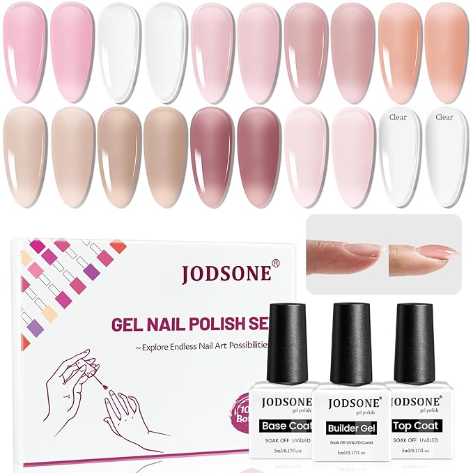JODSONE 10 Colors Builder Nail Gel Polish Set with Base Coat and Top Coat No Wiping for Nails Strengthener Hard Nail Extension Gel LED Nail Lamp Cured