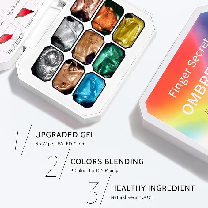 Chrome Metallic Gel Polish, Ombre Nails Colors Palette, Gold Silver Effect 3D Metal Painting Gel Nail Art Reflective Glitter Holographic Liner Sparkling No Wipe UV LED Cured (9 Colors M)