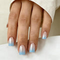 Chrome Ombre Cyan Blue Press on Nails Short Square, Glazed Cute Fake Nails with Sparkle Mirror Design, Shiny Glitter Glue on Nails Short, Gradient Nude Gel Nail Press ons with Glue 30 Pcs