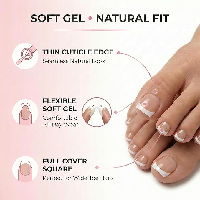 Latte Nude French Tip Toe Nail Press Ons, 150PCS Square Full Cover Soft Gel Toe Nail Tips, 15 Sizes for Wide Toenail Beds, Pre-Shaped for DIY French Pedicure & Salon