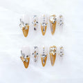 Luxury Long Stiletto Press-On Nails, Yellow Glitter with 3D Rhinestones and Heart Gems, Handmade False Nail 10 Pieces (Large, LS)