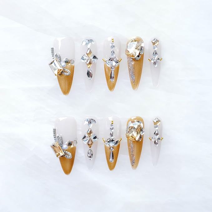 Luxury Long Stiletto Press-On Nails, Yellow Glitter with 3D Rhinestones and Heart Gems, Handmade False Nail 10 Pieces (Small, LS)