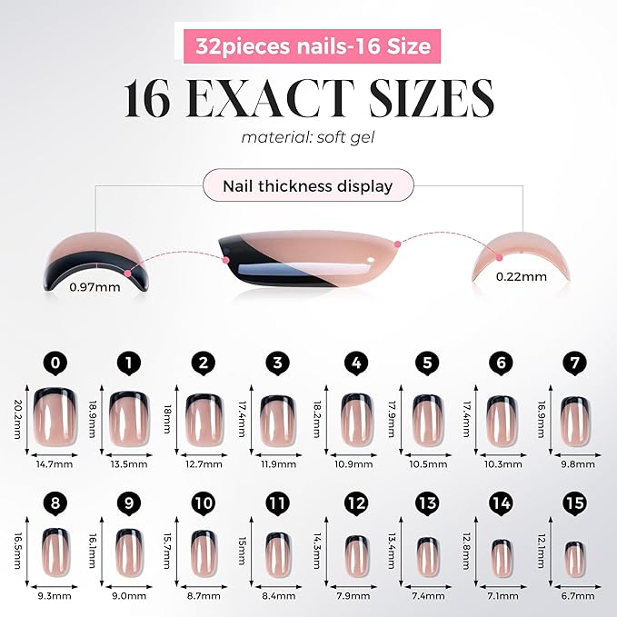 UNA GELLA 32Pcs Soft Gel Press on Nails - 16 Sizes Black Chrome Mirror French Tip Short Square Glue on Nails, Reusable Metallic Black False Nails, Acrylic Nail Kit for Women DIY Home Manicure