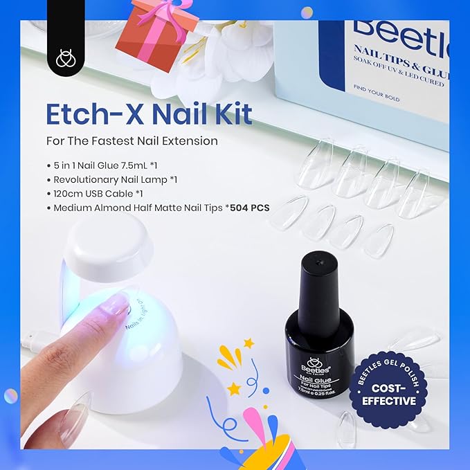 Beetles Gel Nail Kit Etch-X, Almond Medium, 500pcs 12 Sizes, with 5 in 1 Glue Mini Lamp, Pre-Etched Half Matte Acrylic Nail Kit Fake Nail for Home DIY Extension Set