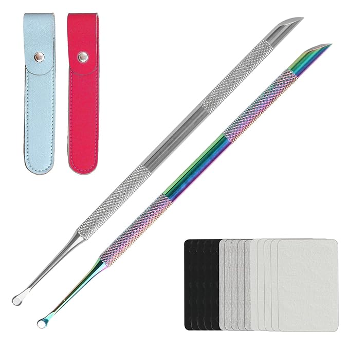 2 Pack Professional Nail Polish Around Cuticle Remover Tools, Pre-treatment Cuticle Pusher with 15 Sheets 100/180/240 Grit Sandpaper, Dual-Ended Russian Nail Polish for Manicure Pedicure Salon