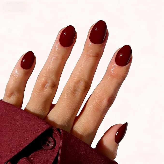 Red Press On Nails Oval -Short Press On Nails with Nail Glue, Fit Perfectly & Natural Reusable Stick On Nails in 12 Sizes - 24PCS Soft Gel Glue On Nails Kit