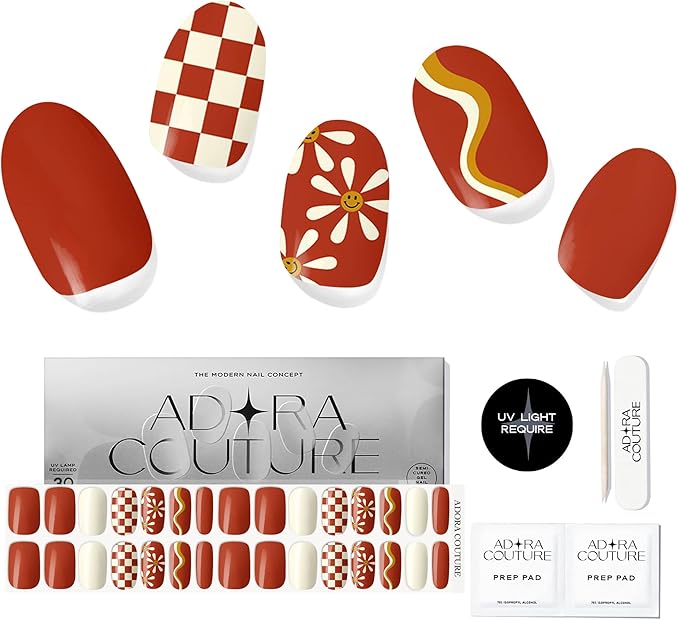 Semi Cured Gel Nail Strips with 30 Pieces - UV Gel Stickers, Manicure Kit, Easy Application Wraps Includes Prep Pads, Nail File, Wooden Stick - UV Light Required (Retro Rust)