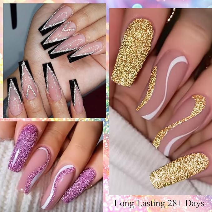 MTSSII Reflective Glitter Liner Nail Gel, Paint Gel With Thin Art Brush In Bottle, Sparkly Liner Nail Art Polish, Painting Polish for Swirl Nails Cyber Punk French Acrylic Nail