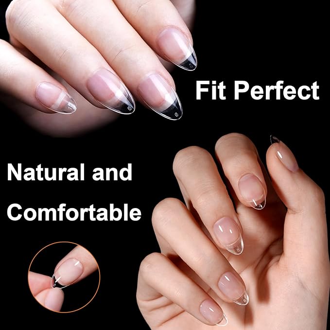 BlueZOO Extra Short Almond Nail Tips 600Pcs Soft Gel Full Cover Nail Tips, Half Matte Acrylic Fake Nails for Extension Nail Manicure Salon Home DIY, Clear Almond Pre Shaped Press On Nails, 12 Sizes