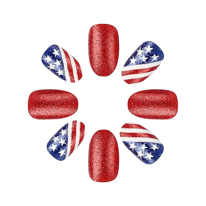 4th of July Press on Nails Short Almond Fake Nails America Flag Blue Red Glitter False Nails with Designs Full Cover Tricolor Flag Glossy Glue on Nails Acrylic Artificial Nails for Women Girls 24Pcs