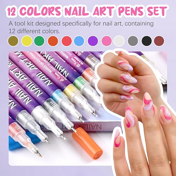 12 Color Nail Art Pens for Painting Nails, 0.5 MM Nail Polish Pens Drawing Point Liner Painted Pen Kit, Waterproof Quick-drying for DIY Nails Art Design Manicure Tools