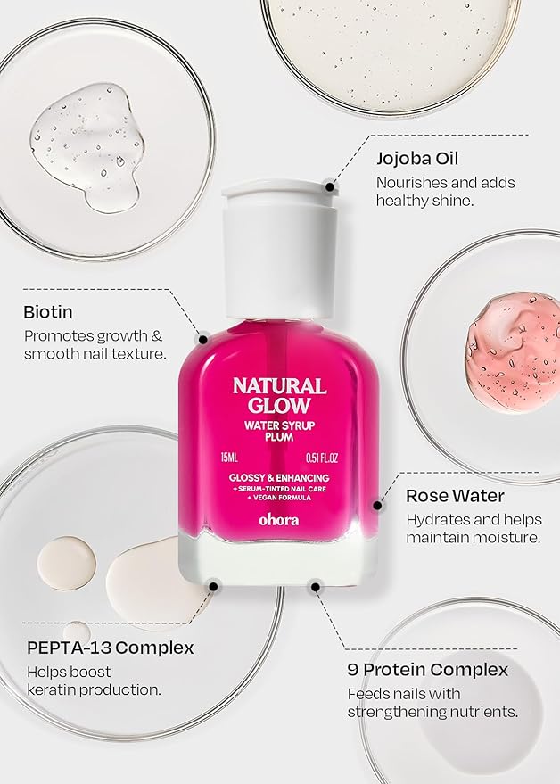 ohora Natural Glow Water Syrup Nail Strengthener (Plum) - Tinted Nail Hardener for Brittle, Damaged Nails, Quick-Dry Glossy Finish, Nail Repair & Growth, 15 mL
