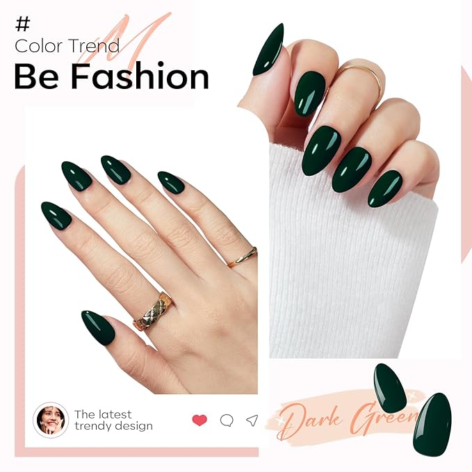 Modelones Dark Green Press on Nails Almond, St Patricks day Spring Short Fake Nails, Reusable Nail Kit with Nail Glue Adhesive Tabs Mini Nail File, Nails Press Ons 32Pcs 16 Sizes