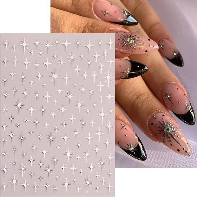 6Pcs Star Nail Sticker for Nail Art 3D Self-Adhesive Nail Decals French Cross Starlight Black White Gold Silver Design Pegatinas Uñas Slider Decal DIY Nail Tips Manicure Decor Supplies for Women