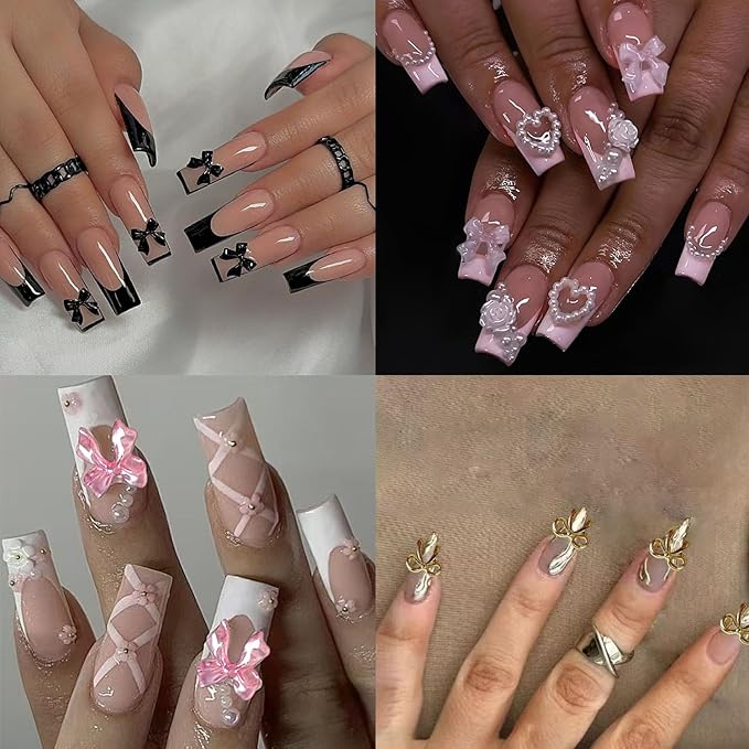 Kawaii Color Bow Nail Charms Kit, 3D Gold Silver Bows Nail Art Charms, Cute Pink Bowknot Charms for Nails Design DIY Decoration with Pickup Tools