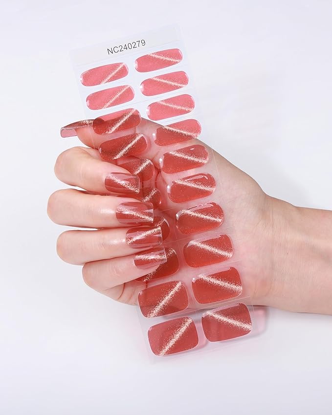 Cat Eye-Inspired 20pcs Semi Cured Gel Nail Strips - Salon-Grade DIY Wraps with Glaze Texture, Easy Application, UV Light Required for Stylish Nails