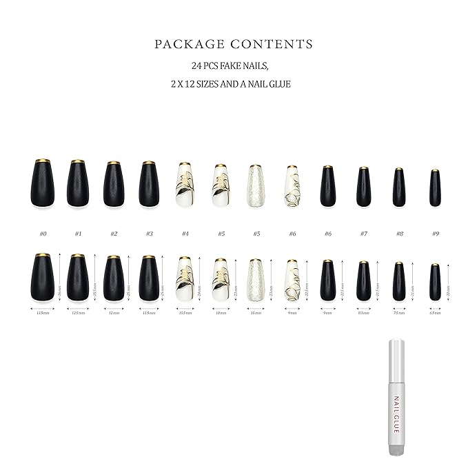 Hypnaughty 24 Pcs Black Flower Luxury Coffin Press on Nails with White Glitter and Flower Design and Gold French Tips with Glue Medium Long False Nails (Black Flower)