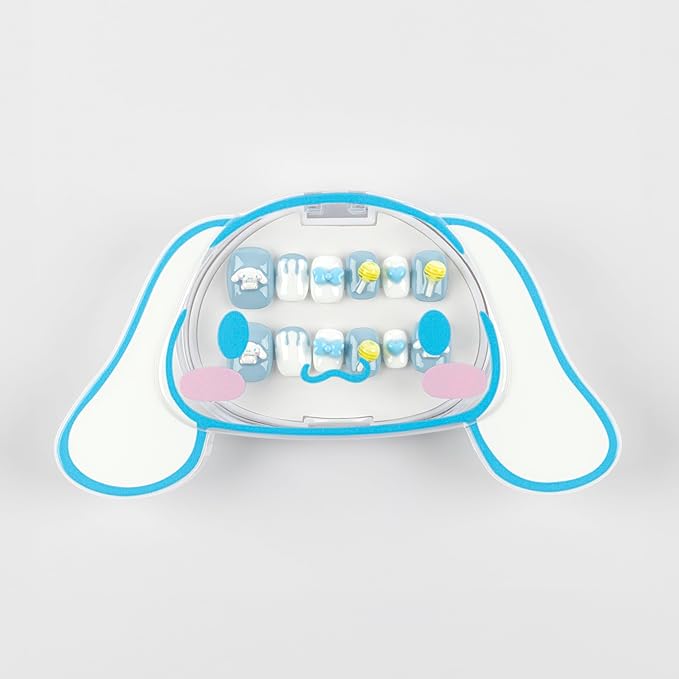 First-Ever 3D Cinnamoroll Short Press-On Nails | Luxury Handmade Sanrio Kawaii False Nails with Charms, Gems & 3D Clouds | Full Kit 24pcs for All Ages + Glue & Tabs